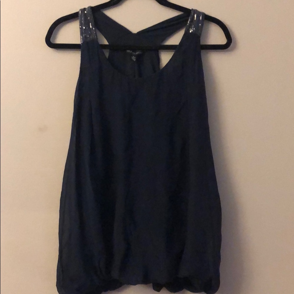 Navy silk top with sequin strap